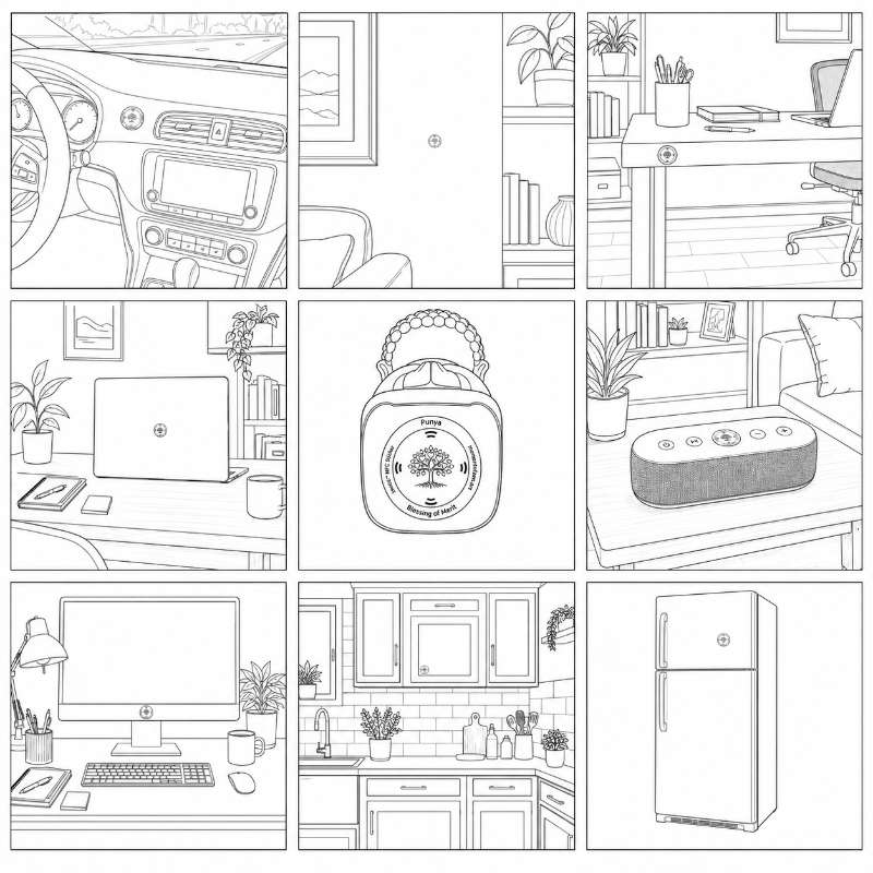 Nine line drawings showing places to put the sticker: a car dashboard, a living room wall, the edge of a desk, a laptop lid, the figurine itself, a speaker, a monitor stand, a kitchen cabinet, and a refrigerator door.